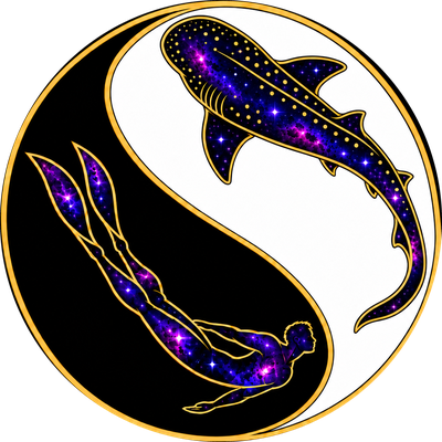 Brandon Howard Art emblem: a freediver and a whale shark in balance