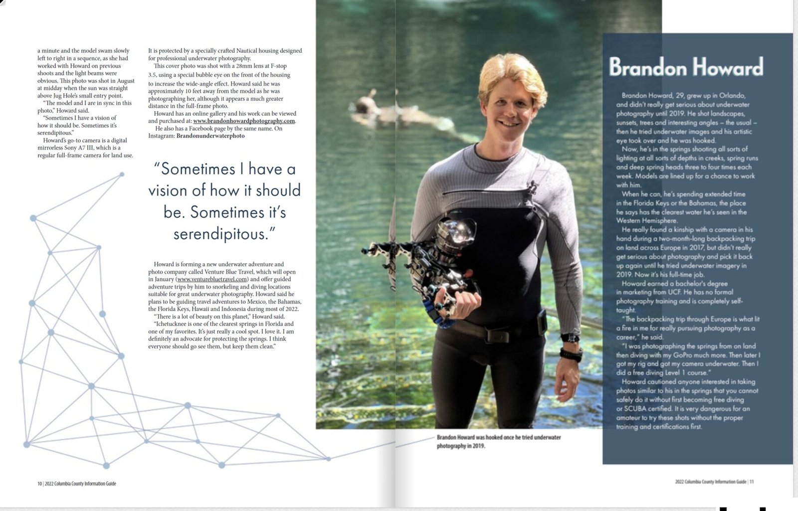 Feature spread, pages 10 and 11, with a portrait of Brandon holding his underwater camera