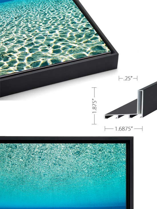 Float mount frame in black, corner and front views