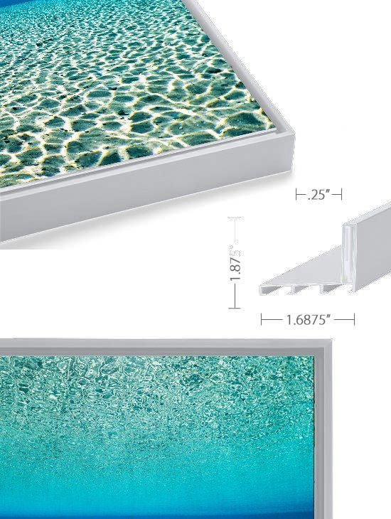 Float mount frame in light pewter, corner and front views