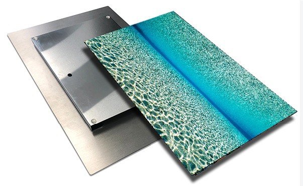A metal print with a float mount hanger: an aluminum block on the back holds the print off the wall